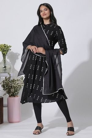 Black Cotton Dupatta With Stitchline Embroidery