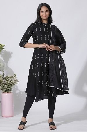 Black Cotton Dupatta With Stitchline Embroidery