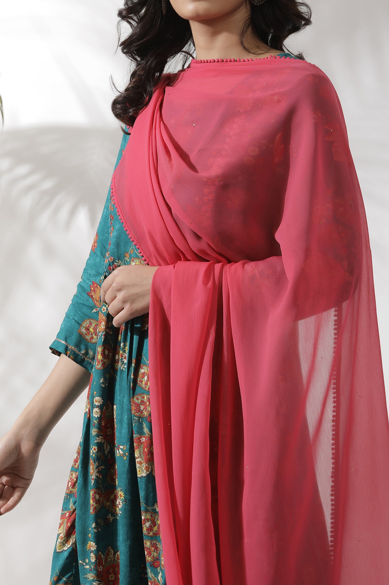 Hot Pink Mukaish Chiffon Dupatta