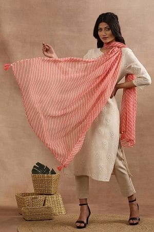 Coral Pink Chiffon Dupatta With Lehariya Stripe Print