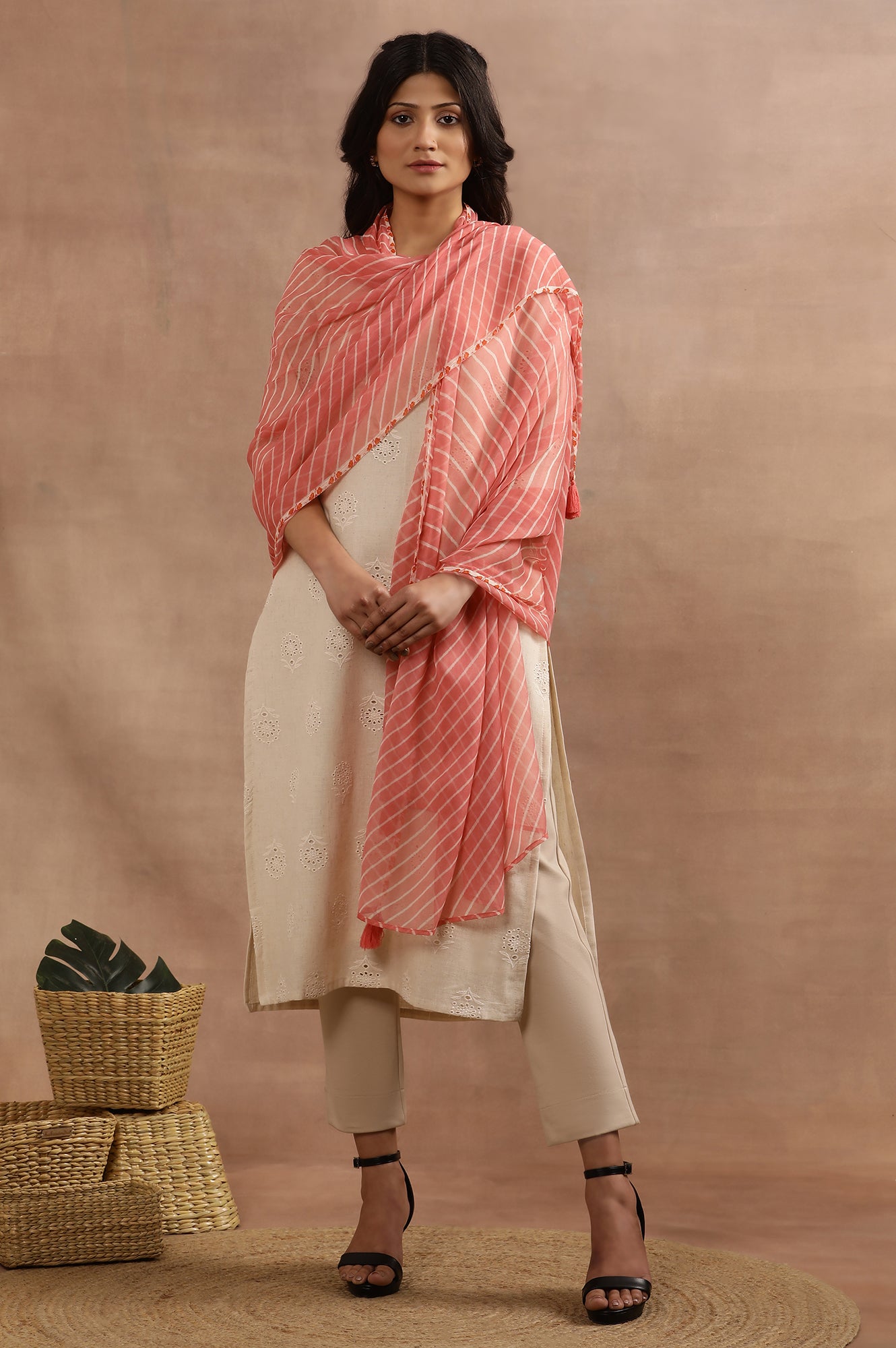 Coral Pink Chiffon Dupatta With Lehariya Stripe Print