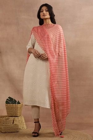 Coral Pink Chiffon Dupatta With Lehariya Stripe Print