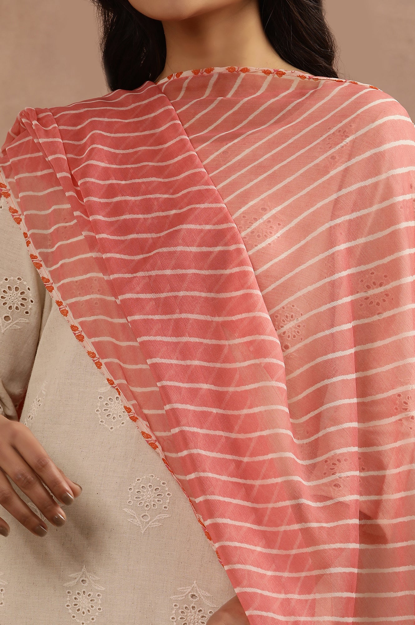 Coral Pink Chiffon Dupatta With Lehariya Stripe Print