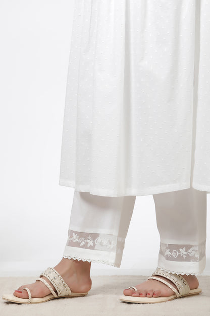 White Embellished Gathered Kurta, Pants And Dupatta Set