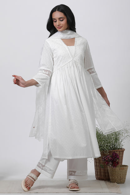White Embellished Gathered Kurta, Pants And Dupatta Set