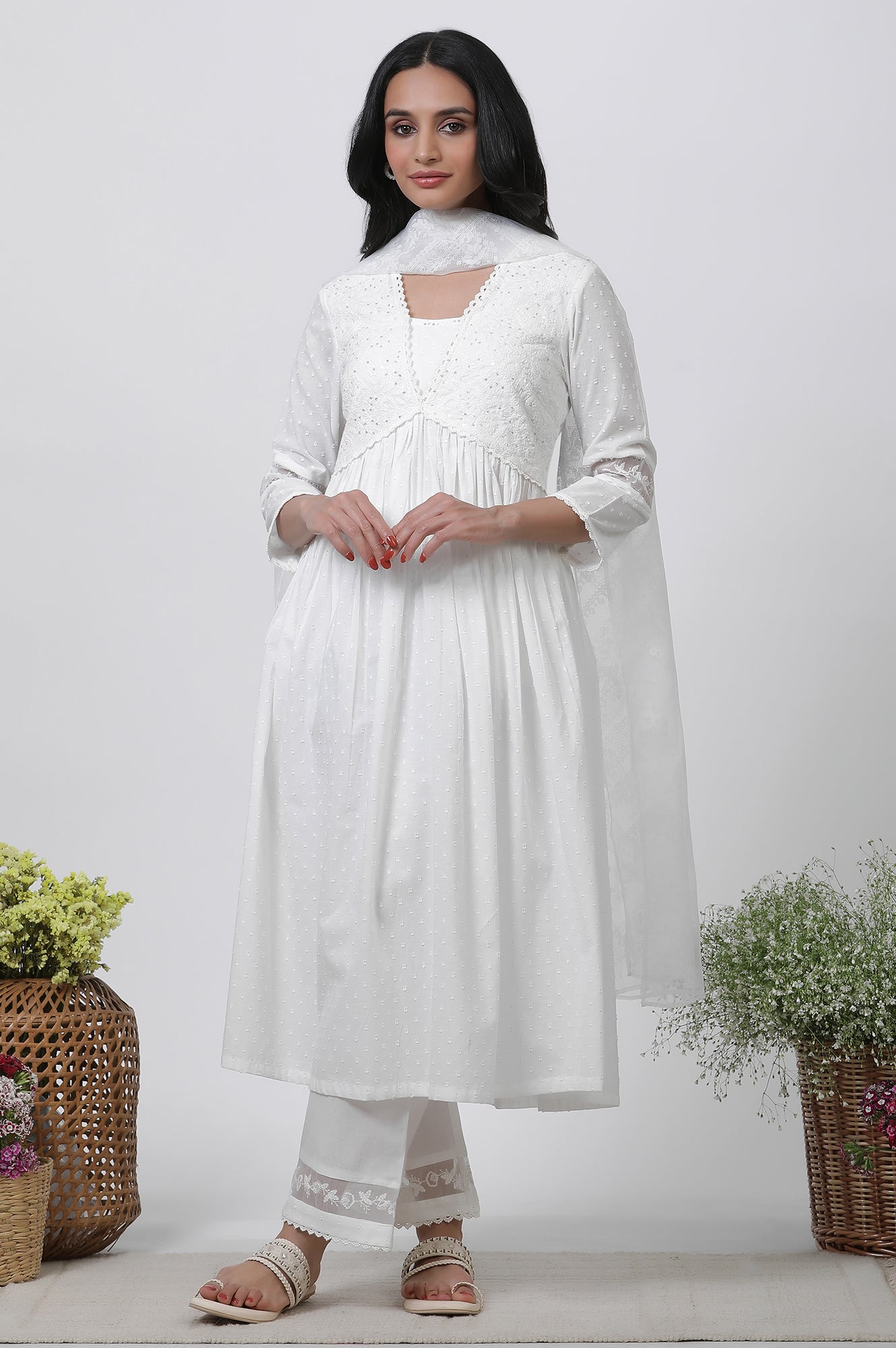 White Embellished Gathered Kurta, Pants And Dupatta Set