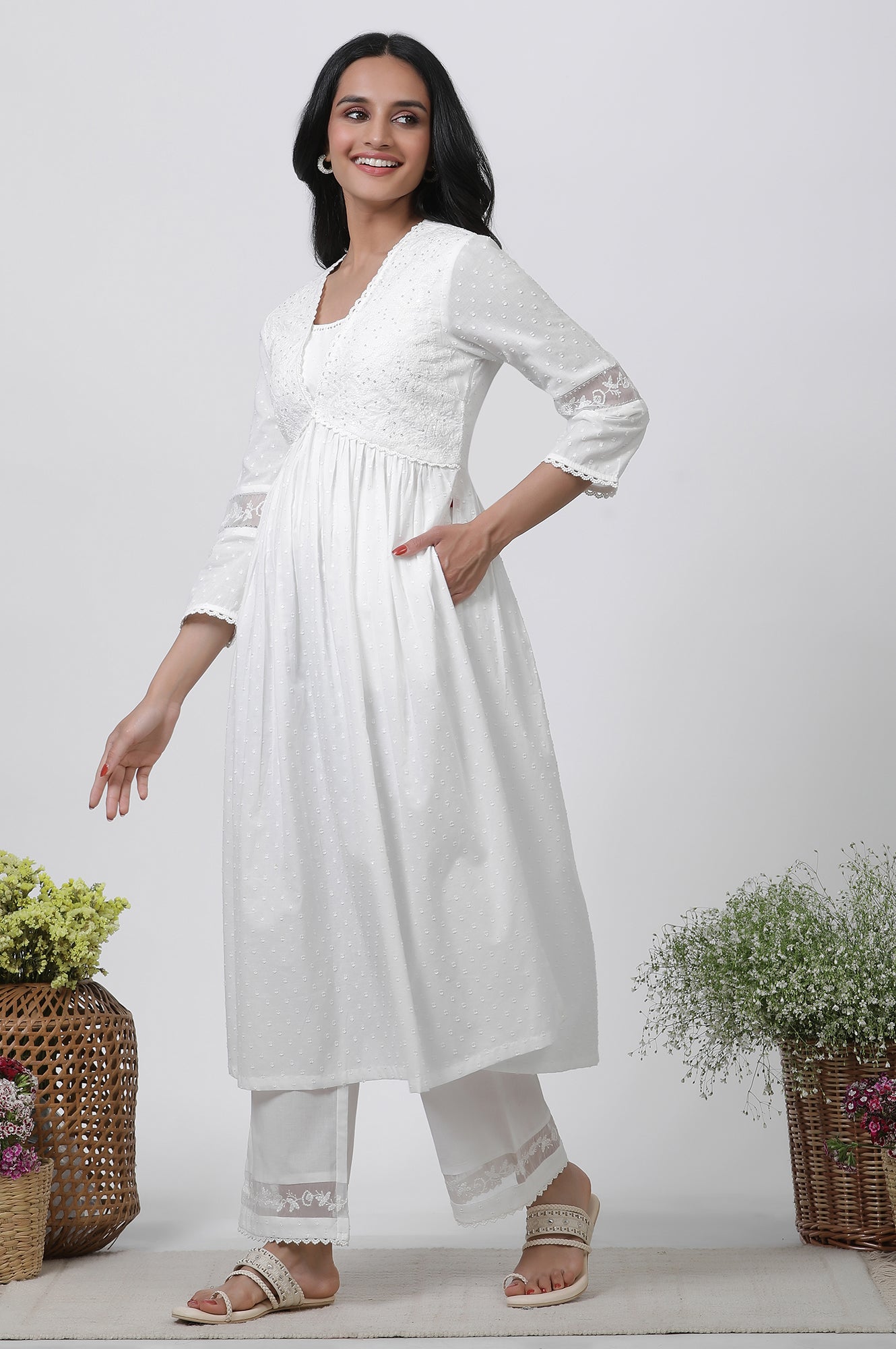 White Embellished Gathered Kurta, Pants And Dupatta Set