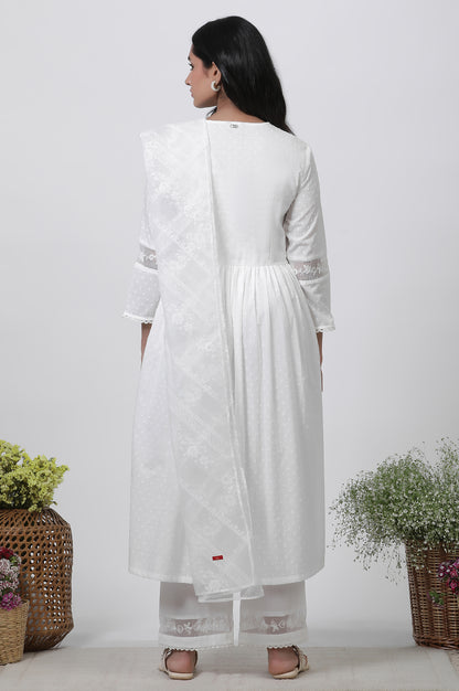 White Embellished Gathered Kurta, Pants And Dupatta Set