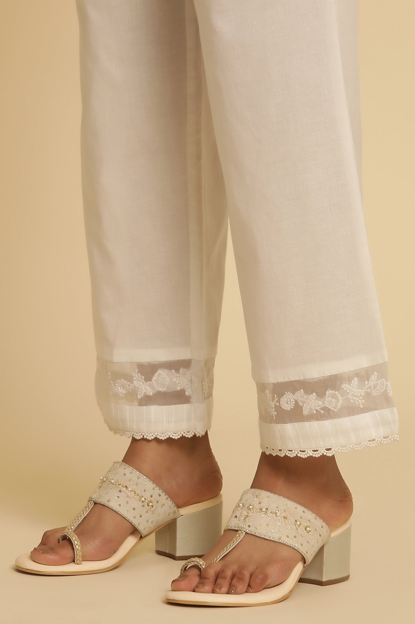 White Embellished Gathered Kurta, Pants And Dupatta Set