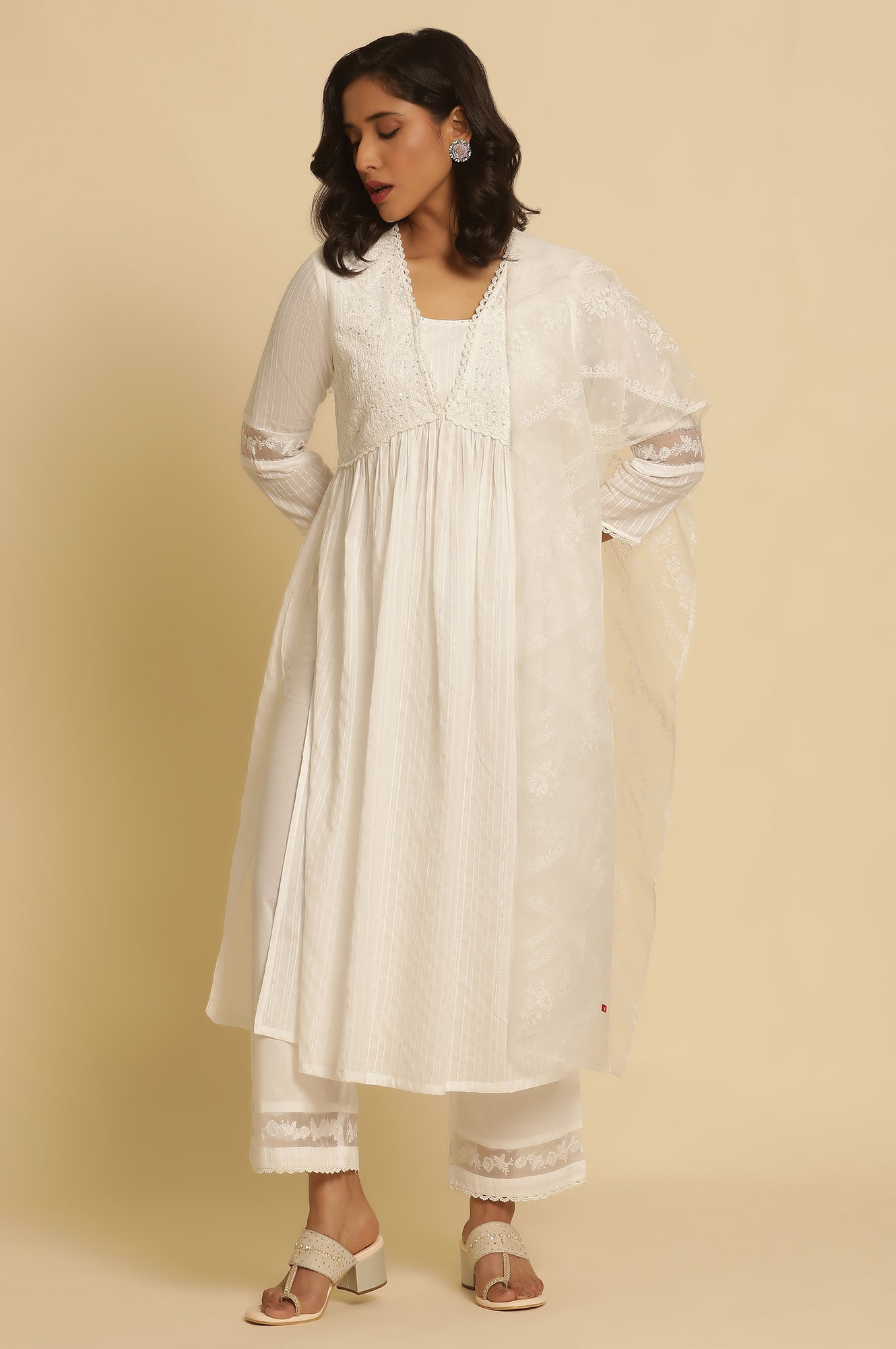 White Embellished Gathered Kurta, Pants And Dupatta Set