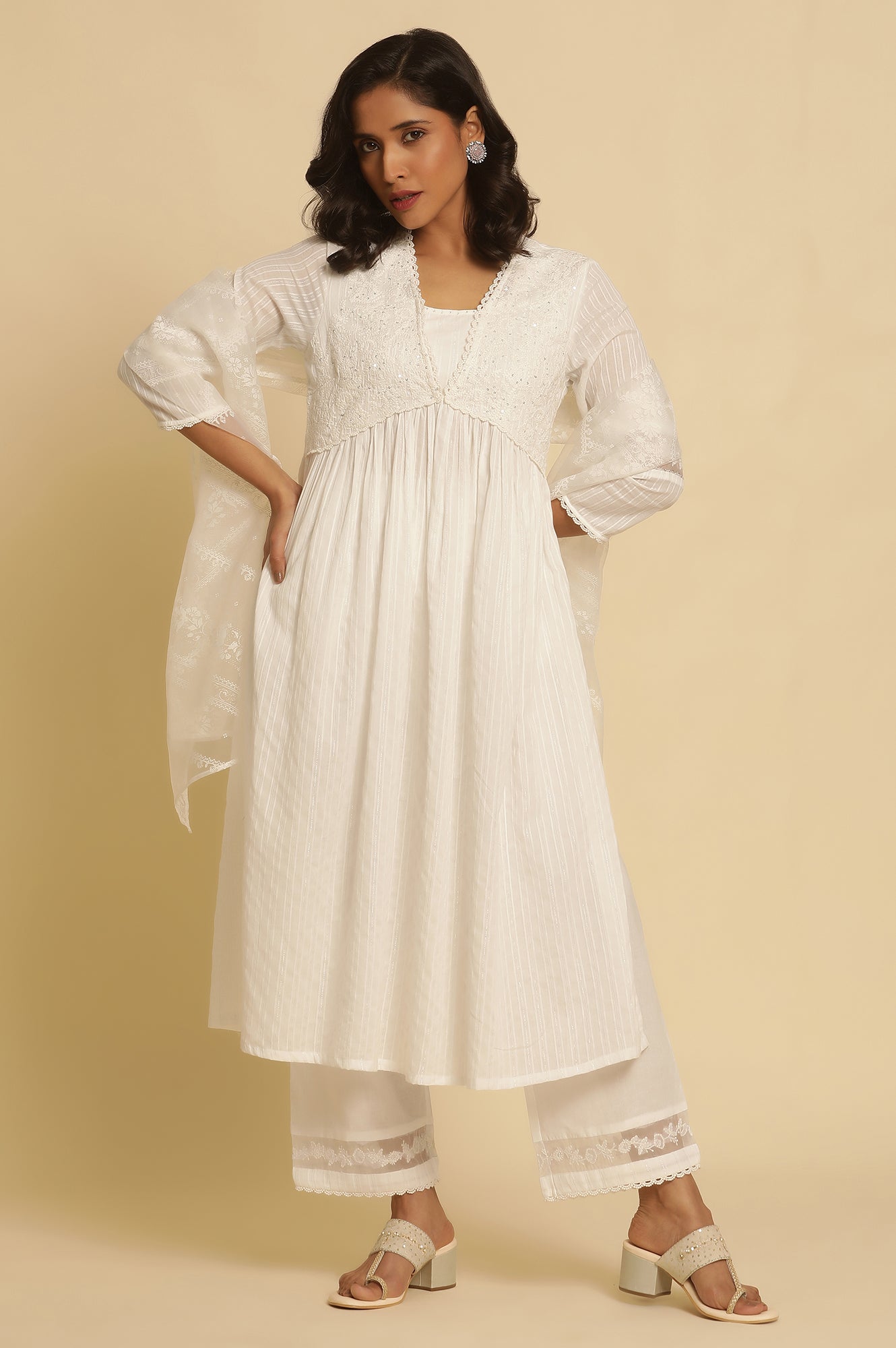 White Embellished Gathered Kurta, Pants And Dupatta Set