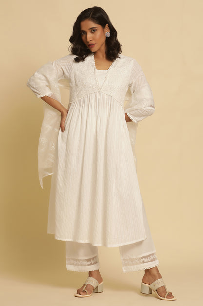 White Embellished Gathered Kurta, Pants And Dupatta Set