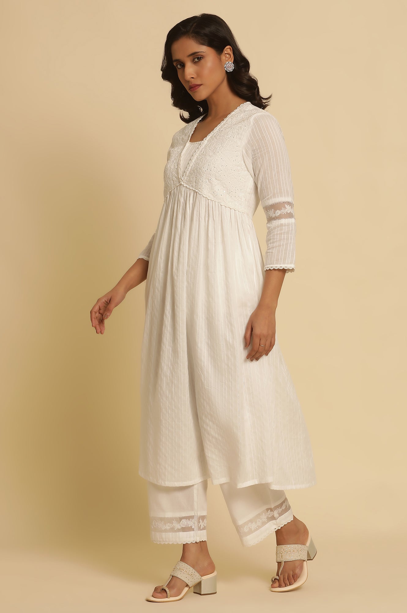 White Embellished Gathered Kurta, Pants And Dupatta Set