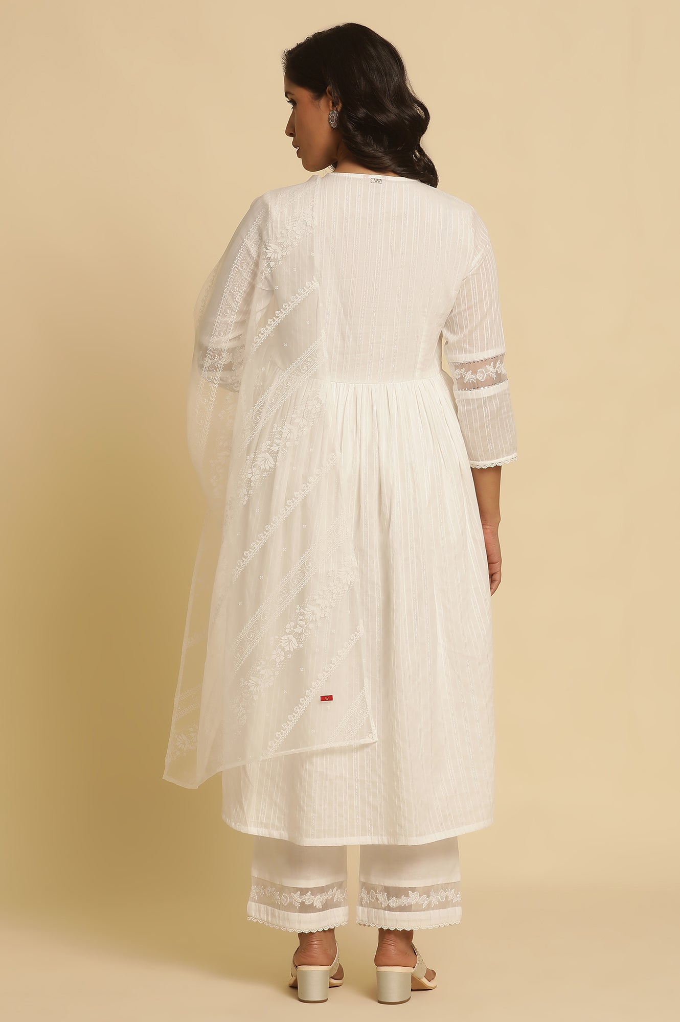 White Embellished Gathered Kurta, Pants And Dupatta Set