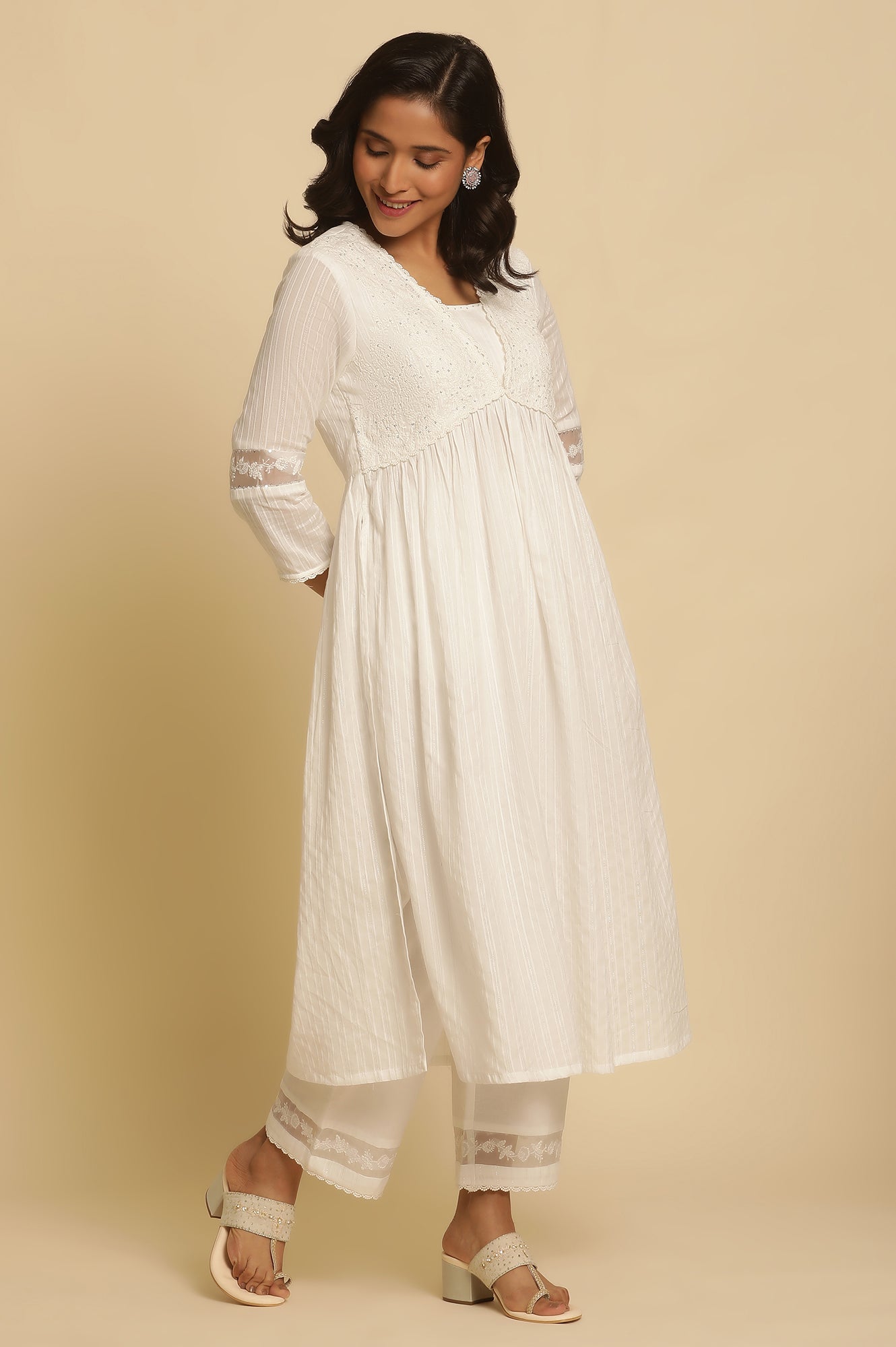 White Embellished Gathered Kurta, Pants And Dupatta Set