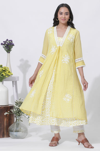 Yellow Kota Embroidered Gilet, Printed Kurta And Pants Set