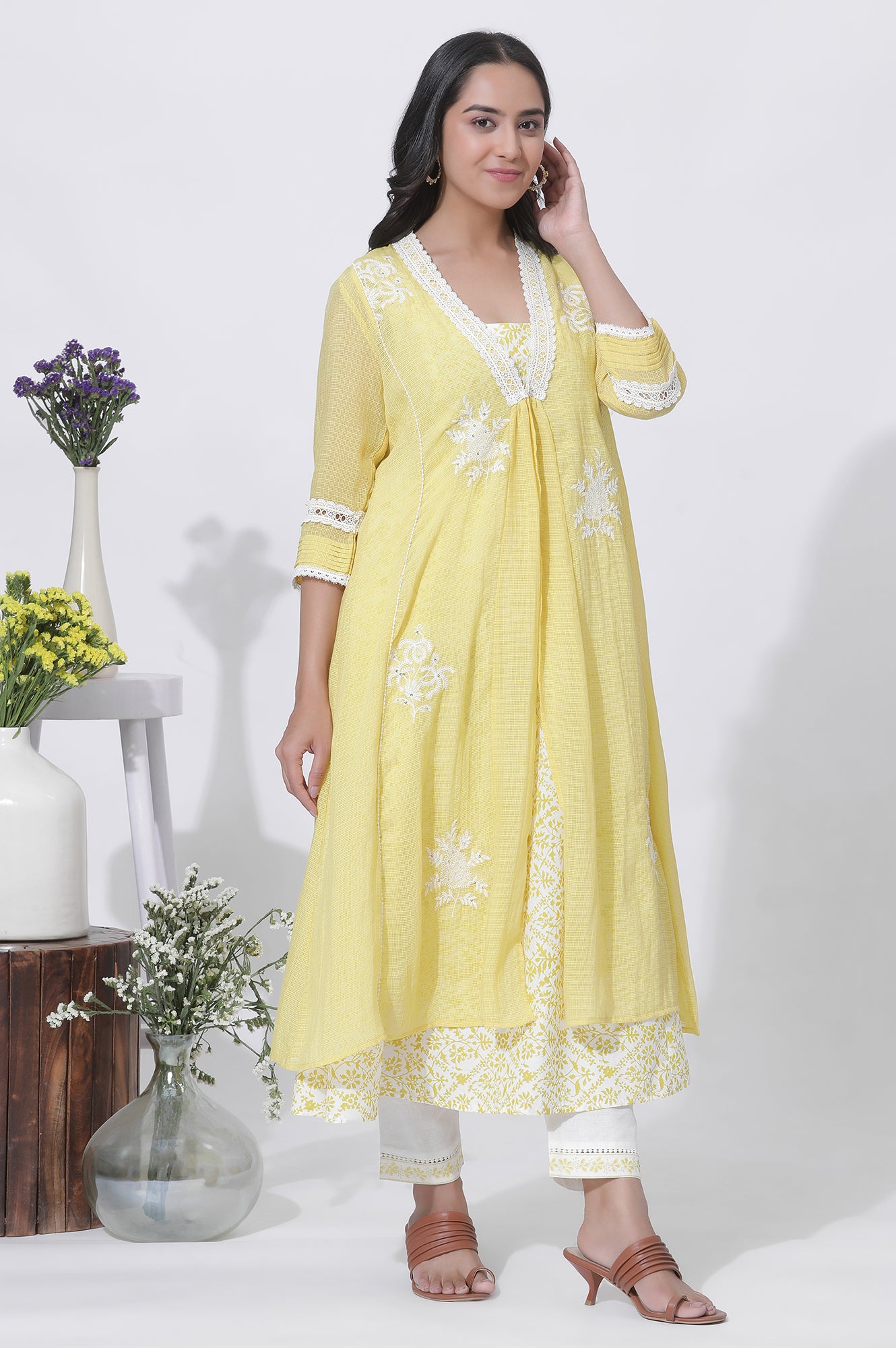 Yellow Kota Embroidered Gilet, Printed Kurta And Pants Set