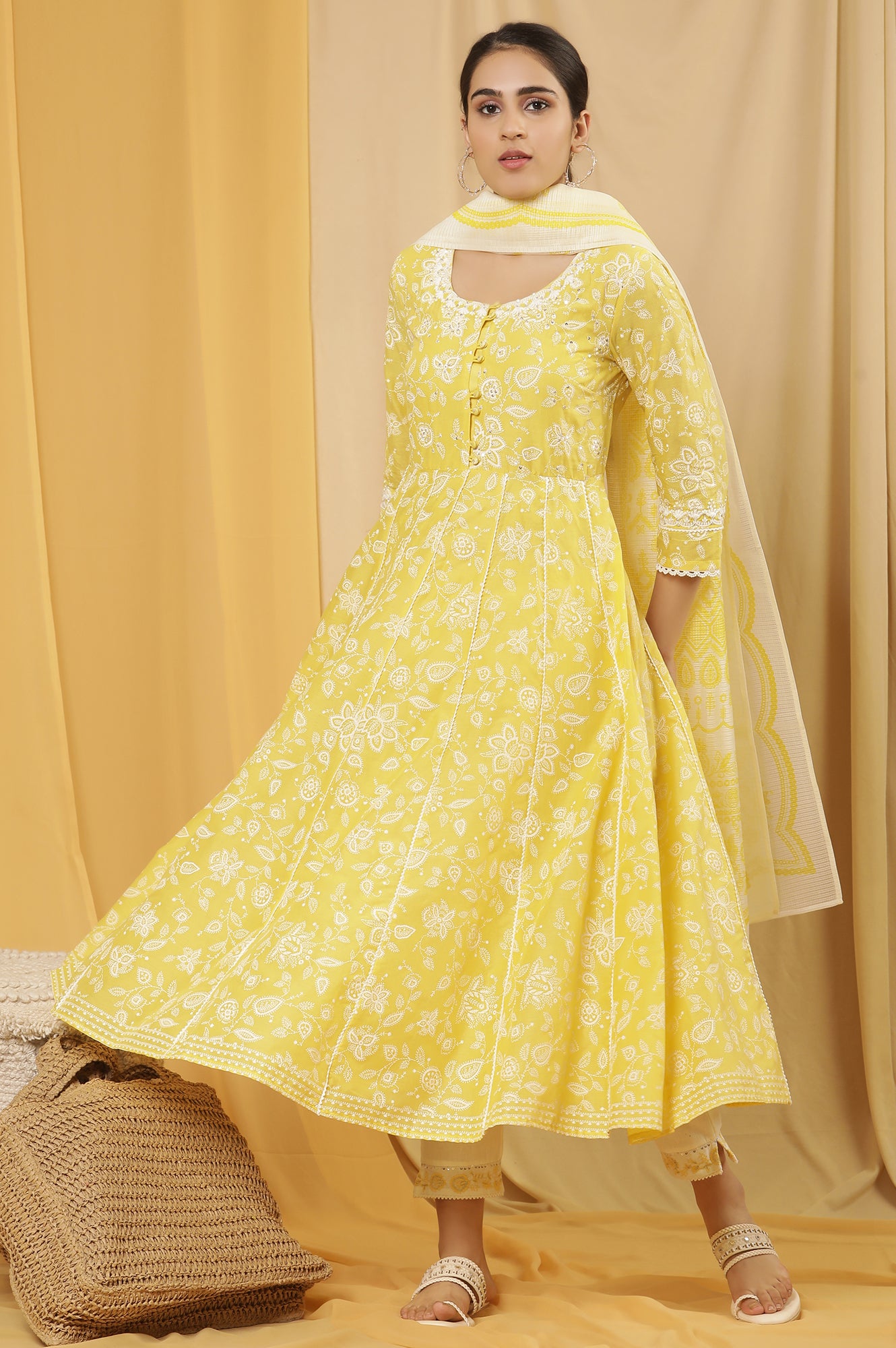 Yellow Floral Printed Flared Kurta, Pants And Dupatta Set