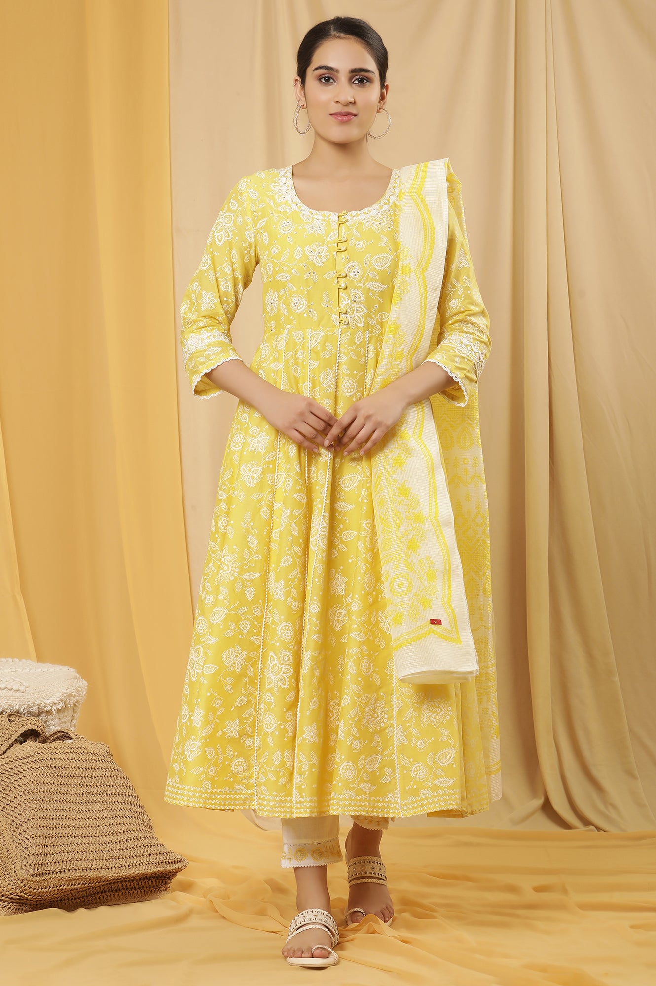 Yellow Floral Printed Flared Kurta, Pants And Dupatta Set