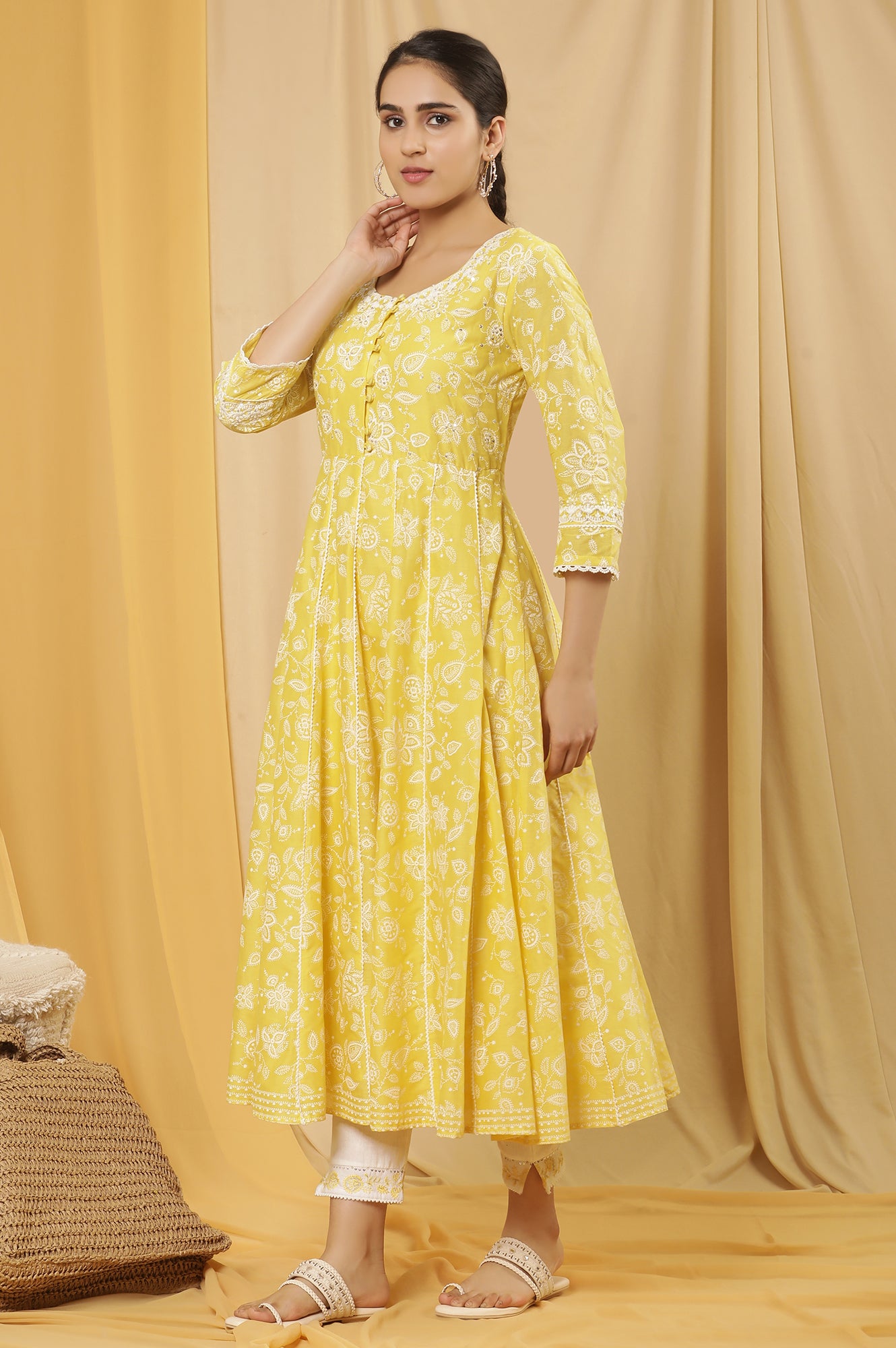 Yellow Floral Printed Flared Kurta, Pants And Dupatta Set