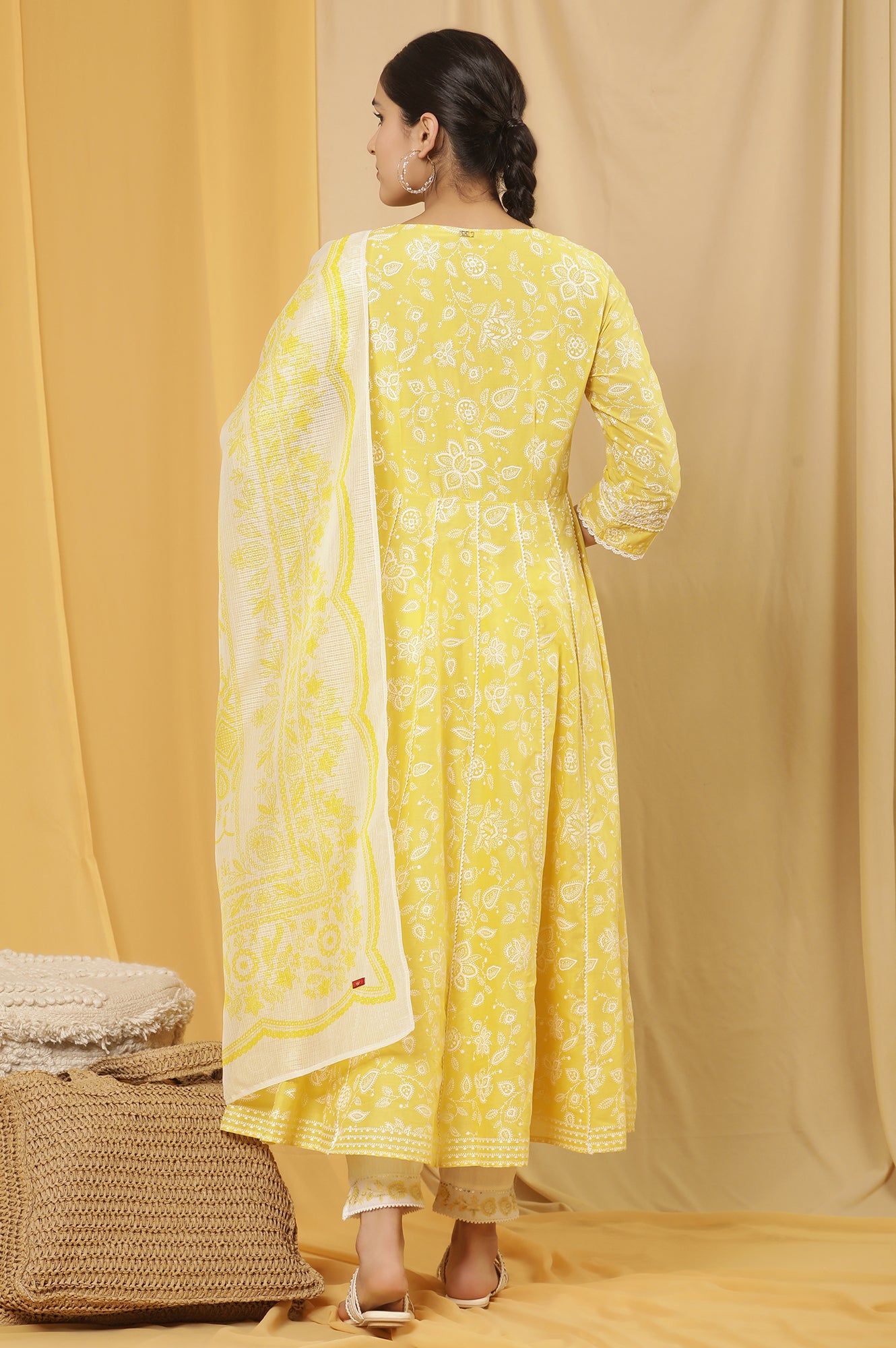 Yellow Floral Printed Flared Kurta, Pants And Dupatta Set