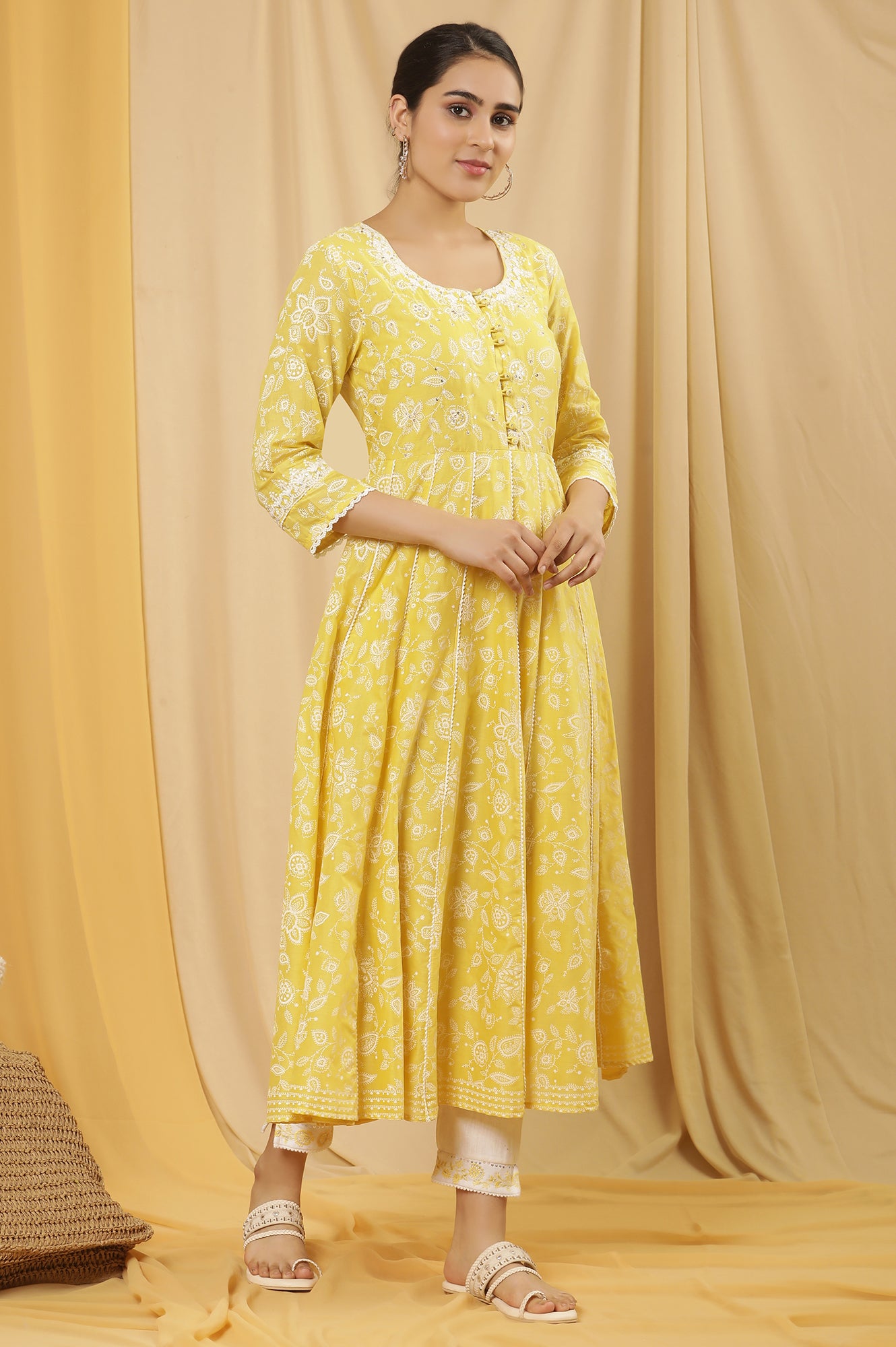 Yellow Floral Printed Flared Kurta, Pants And Dupatta Set