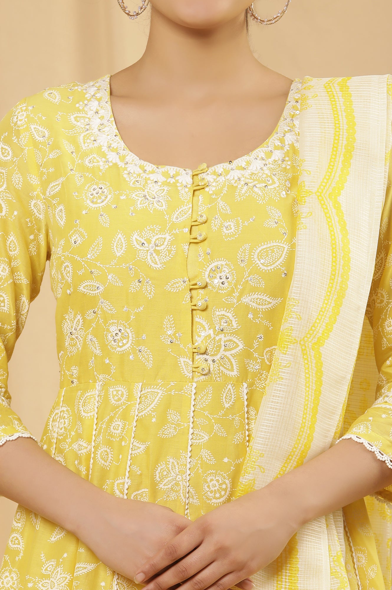 Yellow Floral Printed Flared Kurta, Pants And Dupatta Set