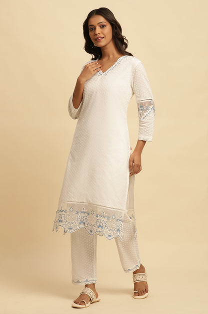 White Cotton Textured Kurta, Pants And Dupatta Set