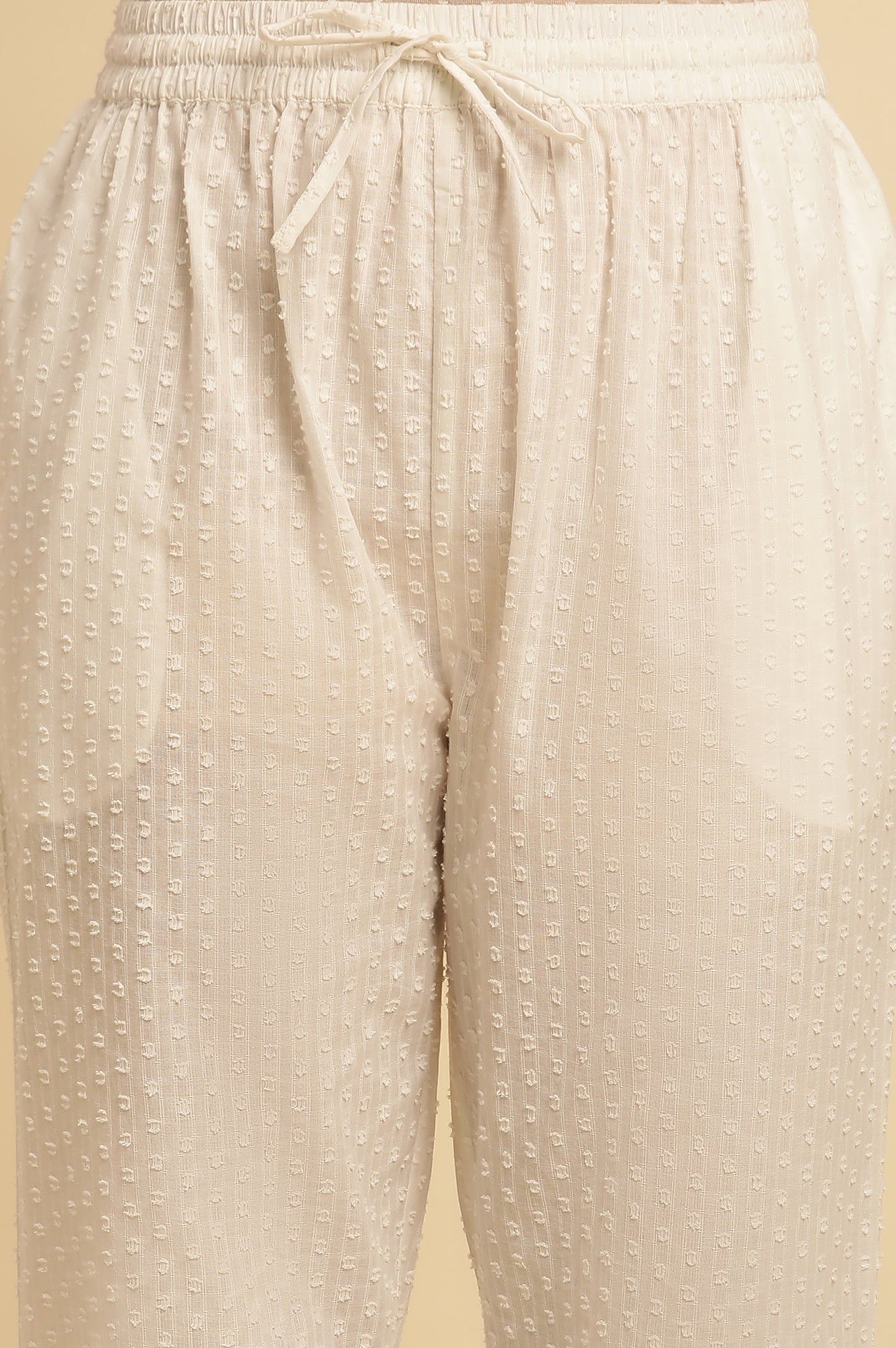 White Cotton Textured Kurta, Pants And Dupatta Set