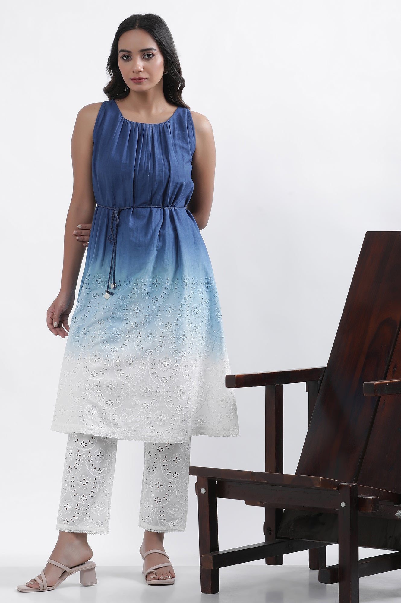 Blue And White Ombre Schiffli Kurta And Pants Set