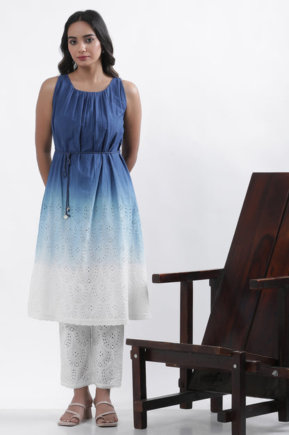 Blue And White Ombre Schiffli Kurta And Pants Set