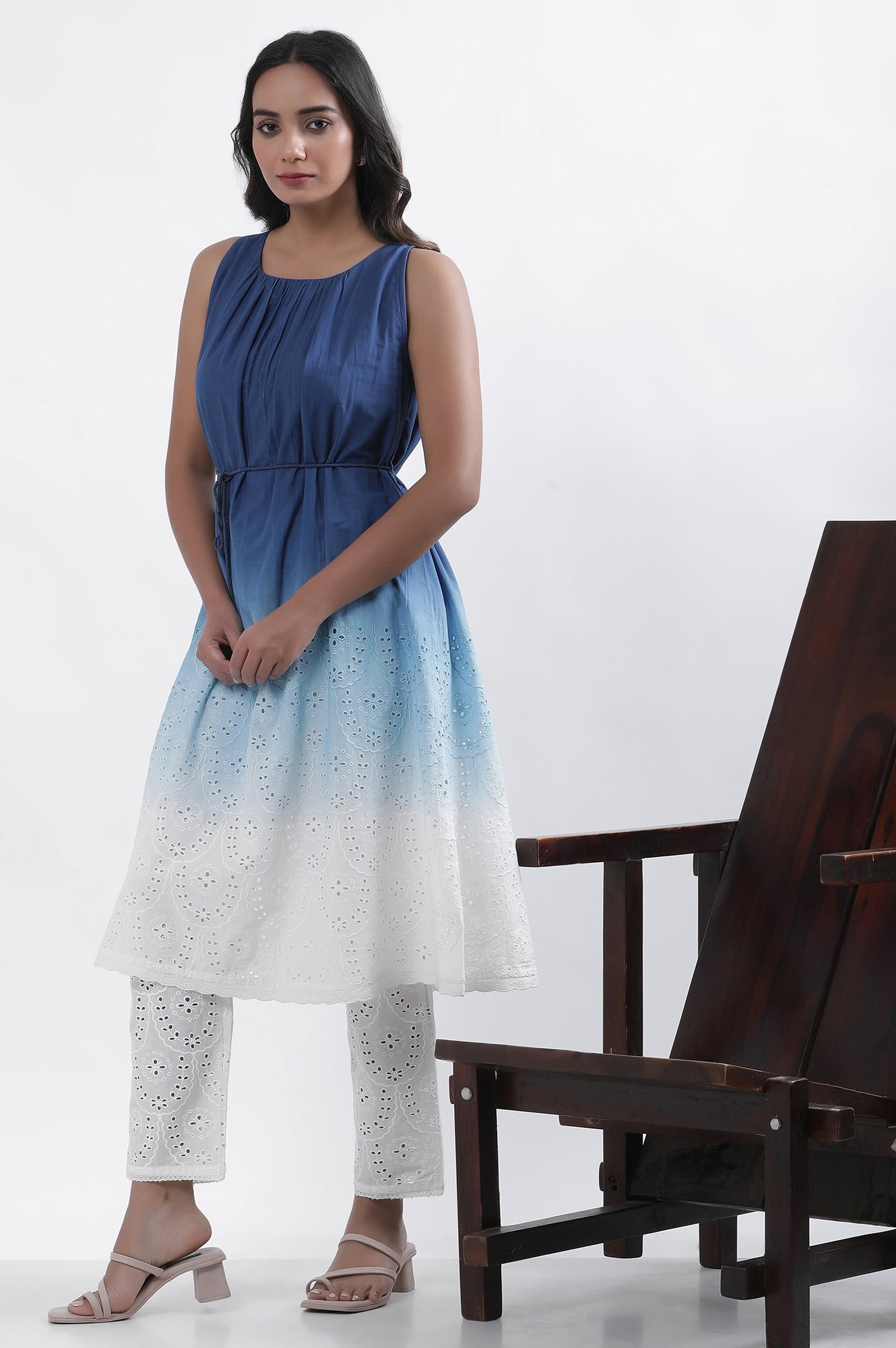 Blue And White Ombre Schiffli Kurta And Pants Set