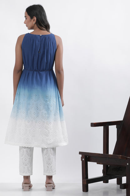 Blue And White Ombre Schiffli Kurta And Pants Set