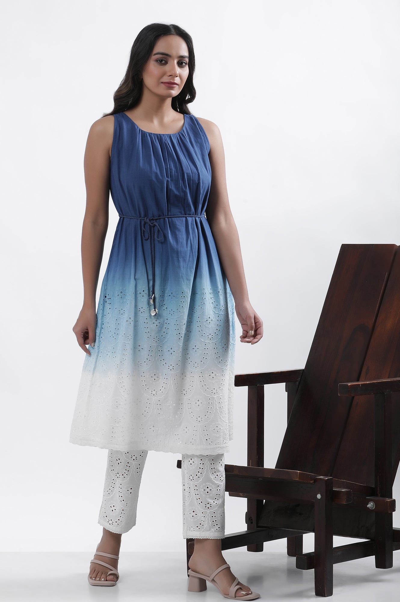 Blue And White Ombre Schiffli Kurta And Pants Set