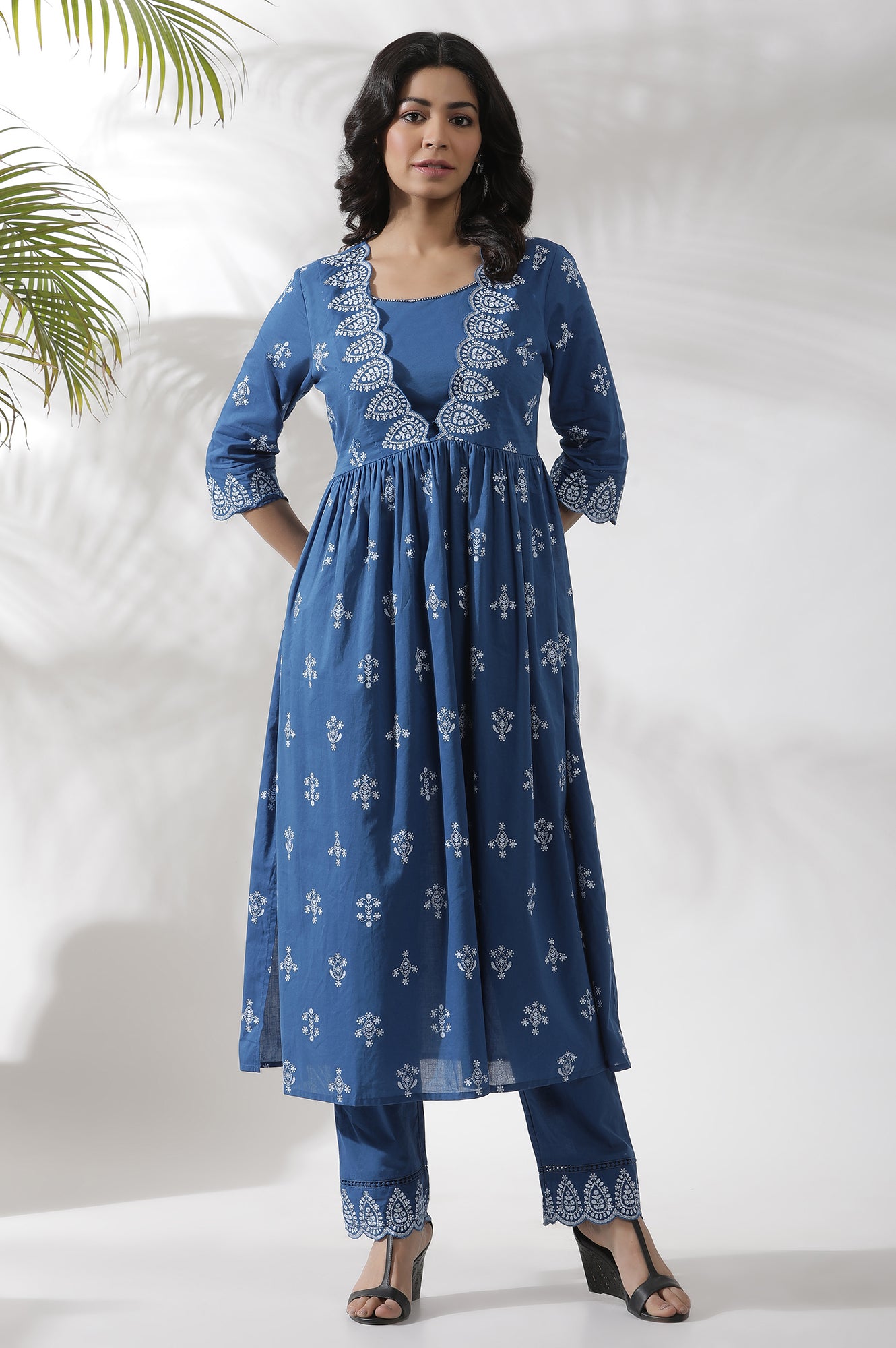 Blue Floral Printed Gathered Kurta And Pants Set