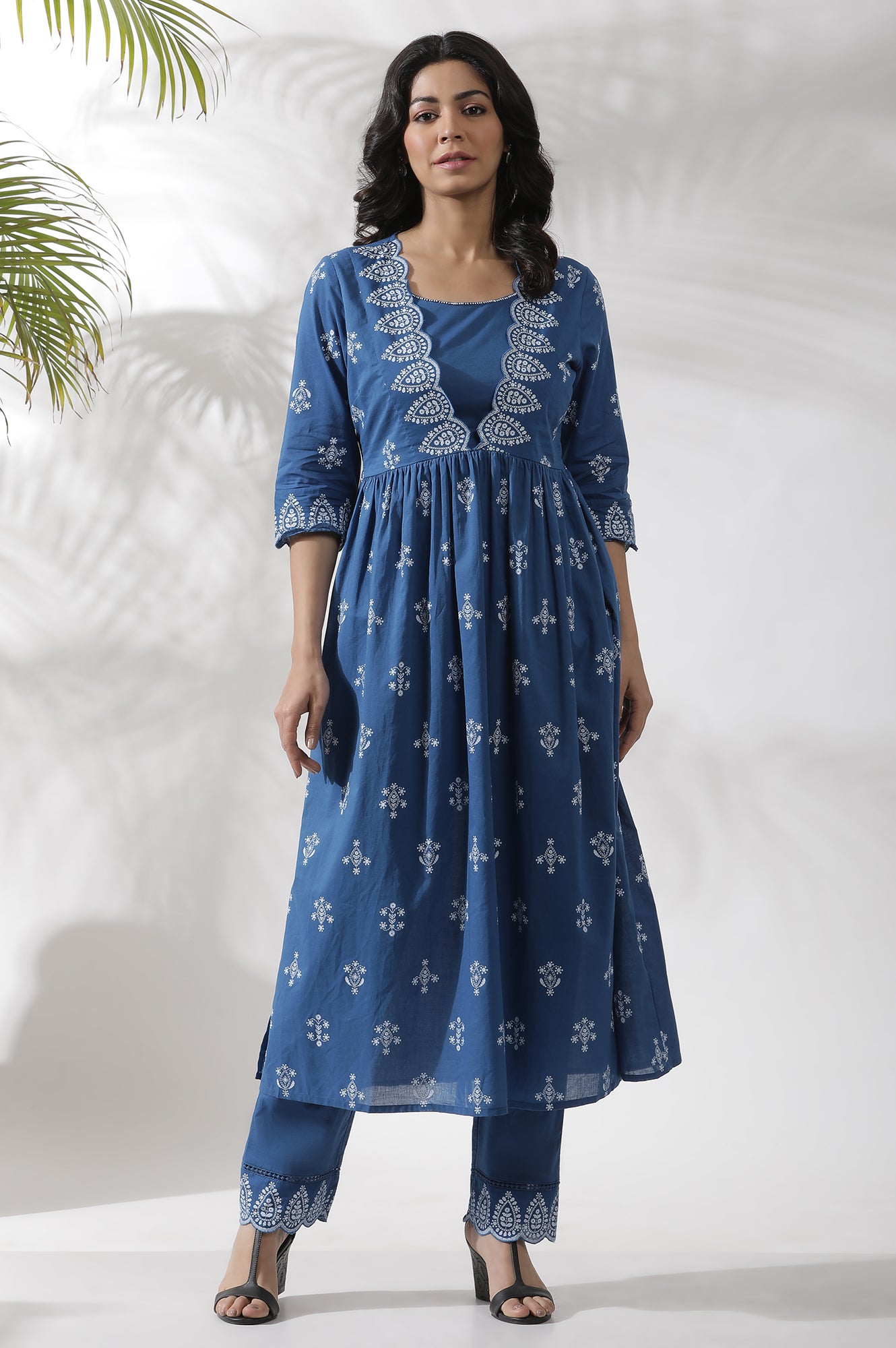 Blue Floral Printed Gathered Kurta And Pants Set