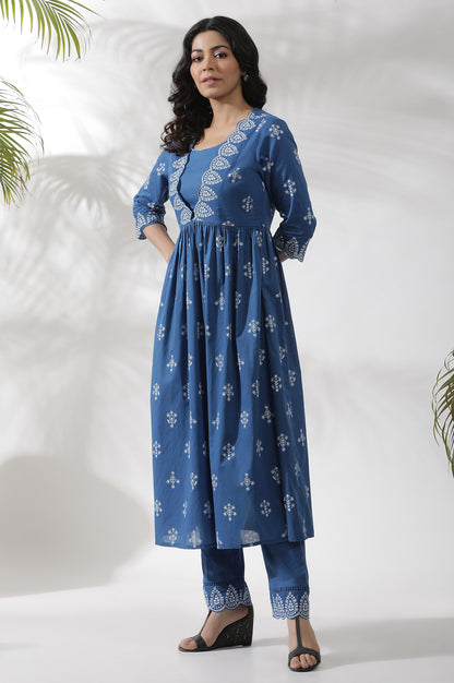 Blue Floral Printed Gathered Kurta And Pants Set