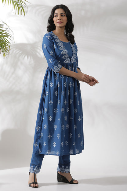 Blue Floral Printed Gathered Kurta And Pants Set