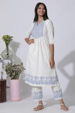 White Schiffli Kurta With Floral Printed Border And Pants Set - wforwoman