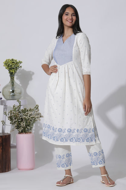 White Schiffli Kurta With Floral Printed Border And Pants Set