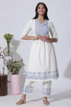 White Schiffli Kurta With Floral Printed Border And Pants Set - wforwoman