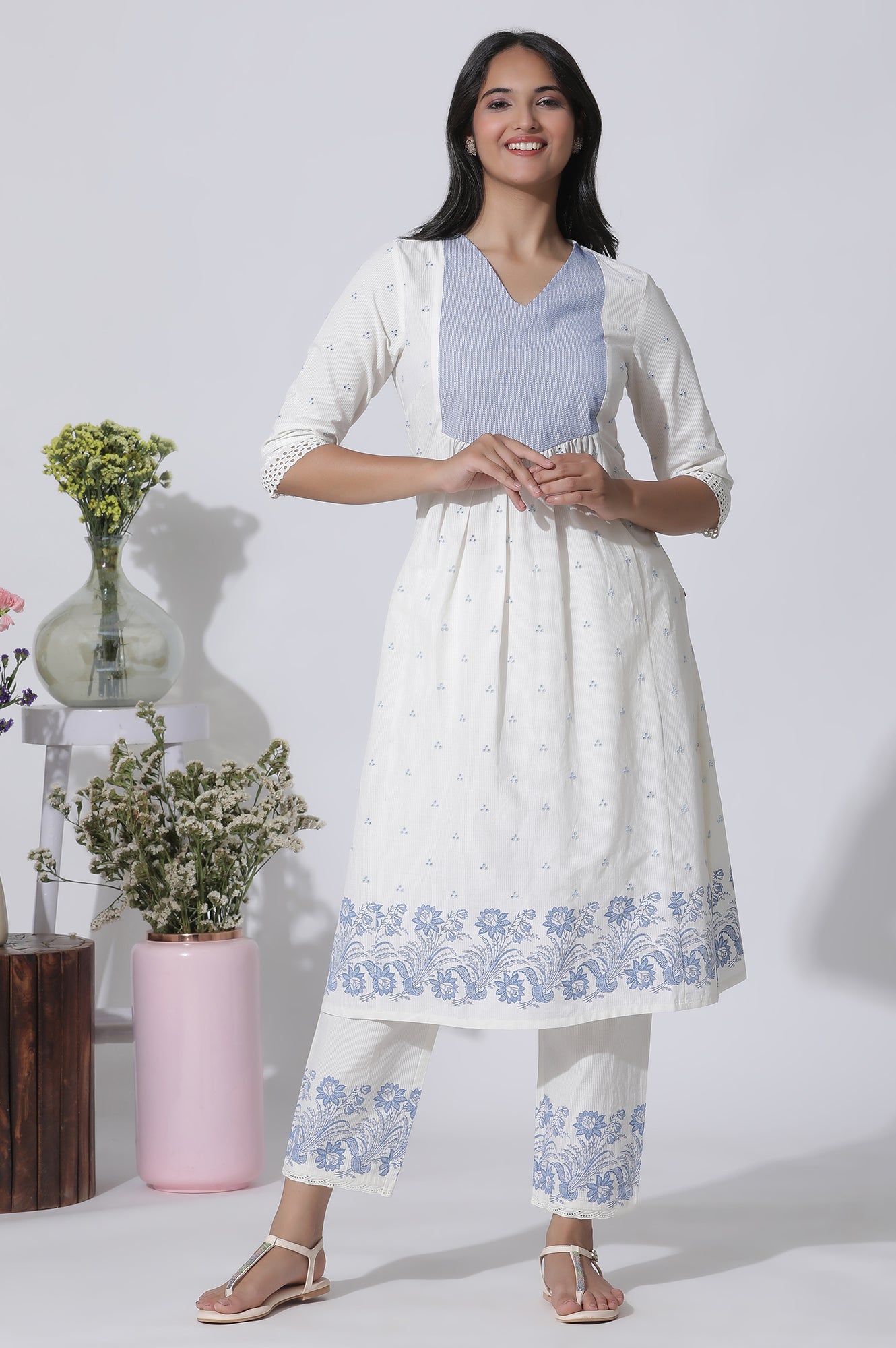 White Schiffli Kurta With Floral Printed Border And Pants Set