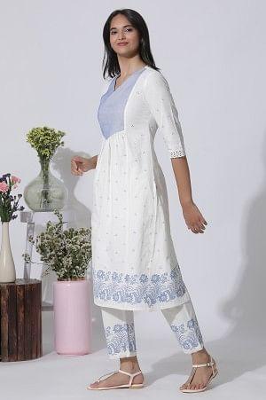 White Schiffli Kurta With Floral Printed Border And Pants Set - wforwoman