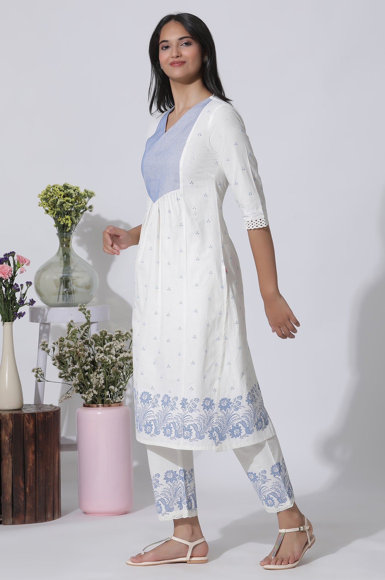 White Schiffli Kurta With Floral Printed Border And Pants Set