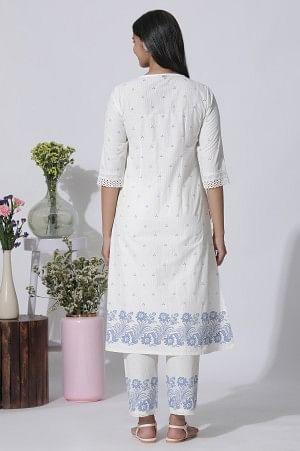 White Schiffli Kurta With Floral Printed Border And Pants Set - wforwoman