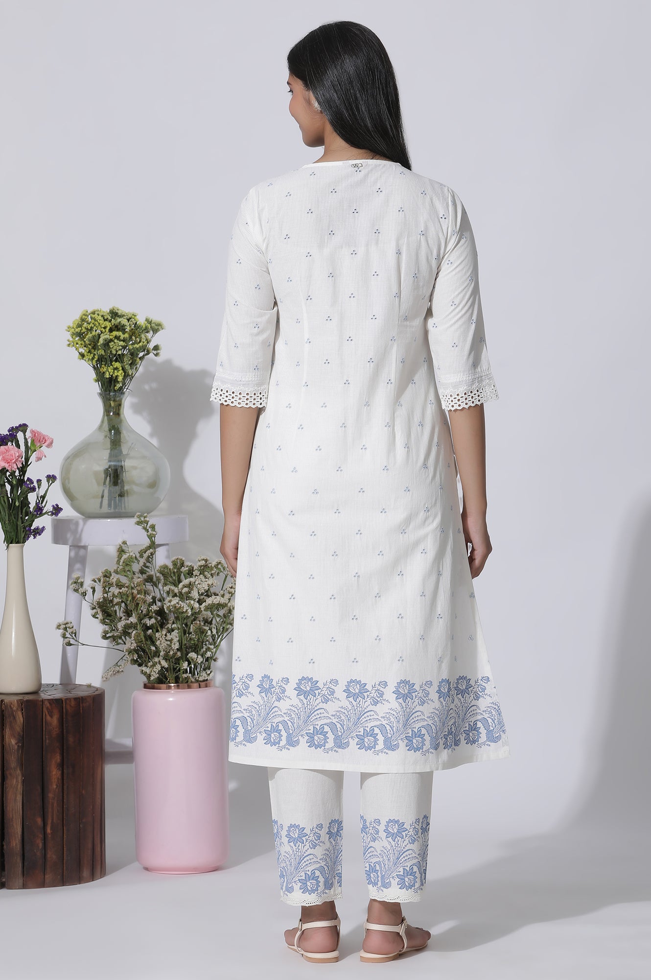 White Schiffli Kurta With Floral Printed Border And Pants Set