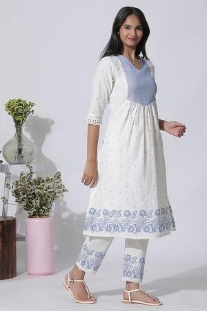 White Schiffli Kurta With Floral Printed Border And Pants Set - wforwoman