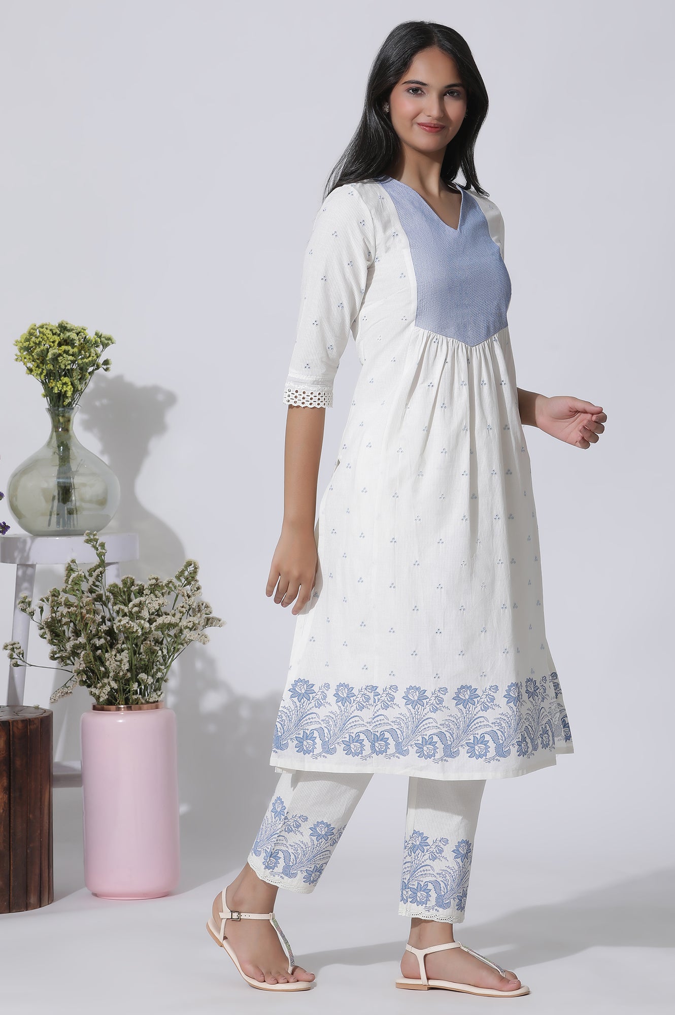 White Schiffli Kurta With Floral Printed Border And Pants Set