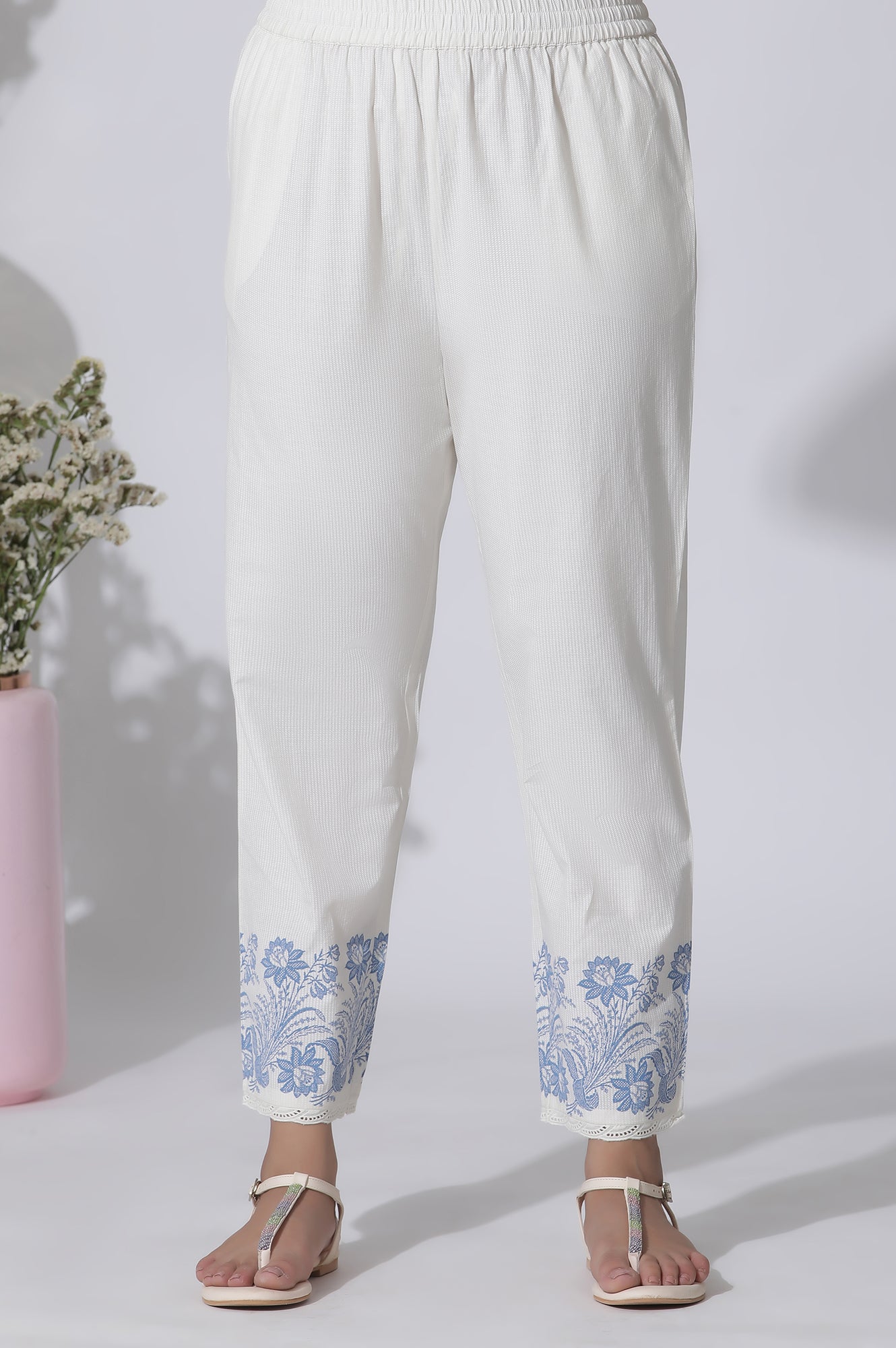 White Schiffli Kurta With Floral Printed Border And Pants Set