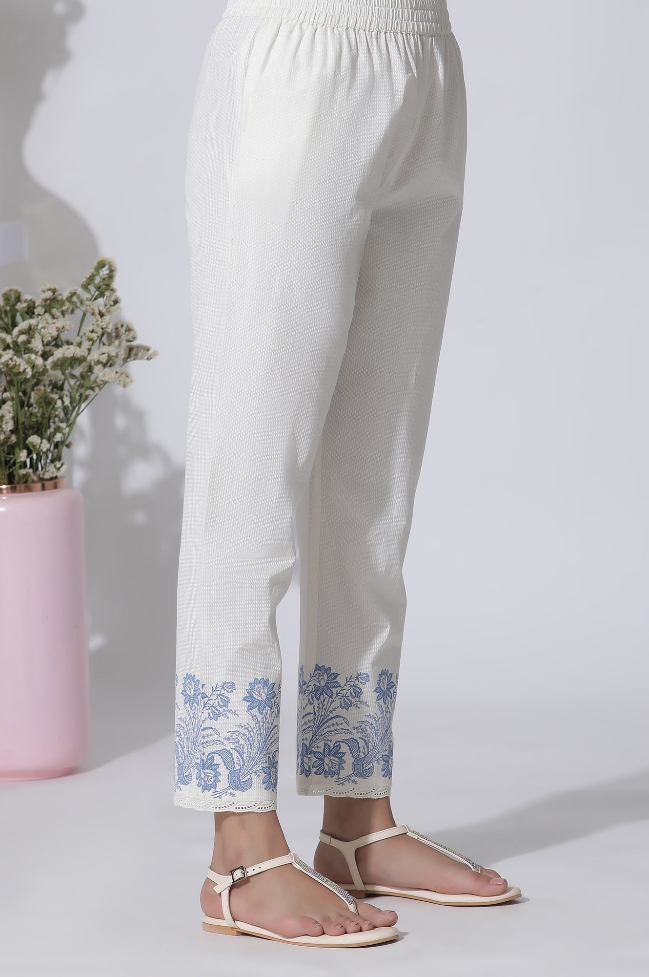 White Schiffli Kurta With Floral Printed Border And Pants Set